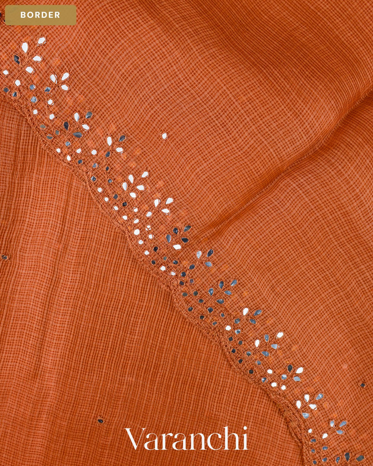 Rust Orange Mirror-Embroidered Pure Kota Tussar Silk Handloom Saree — Border