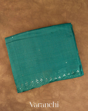 Turquoise Blue Mirror-Embroidered Pure Kota Tussar Silk Handloom Saree — Folded