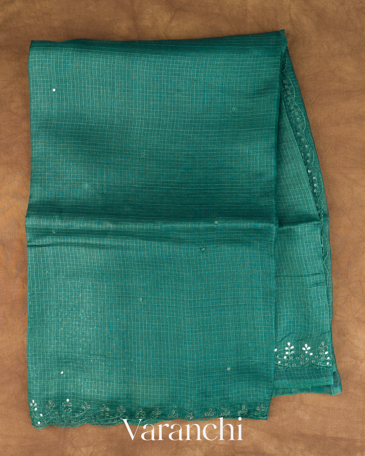 Turquoise Blue Mirror-Embroidered Pure Kota Tussar Silk Handloom Saree — Full Saree