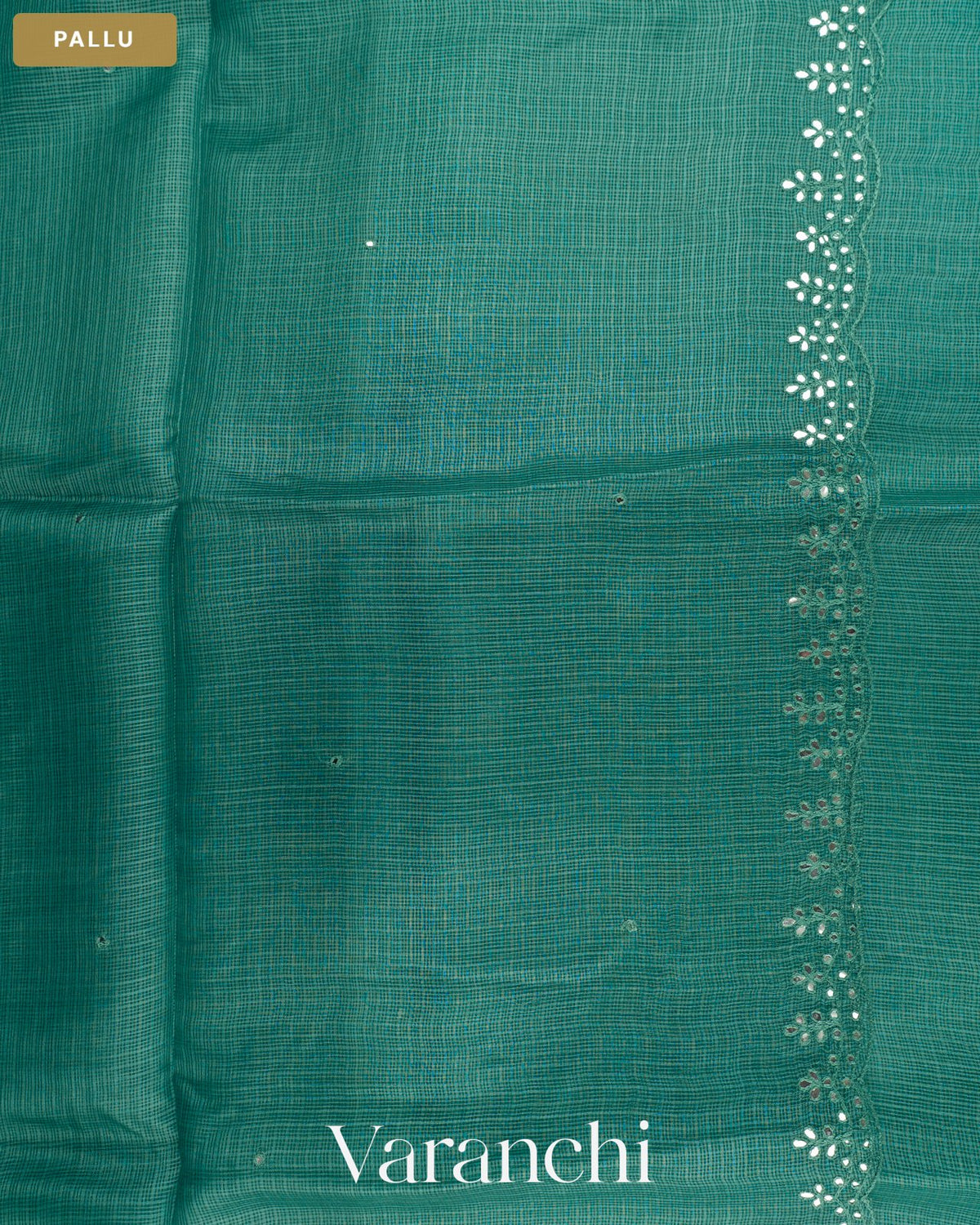 Turquoise Blue Mirror-Embroidered Pure Kota Tussar Silk Handloom Saree — Pallu