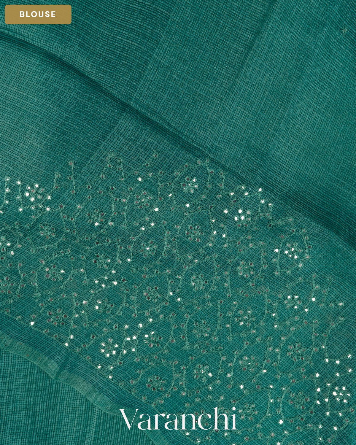 Turquoise Blue Mirror-Embroidered Pure Kota Tussar Silk Handloom Saree — Blouse