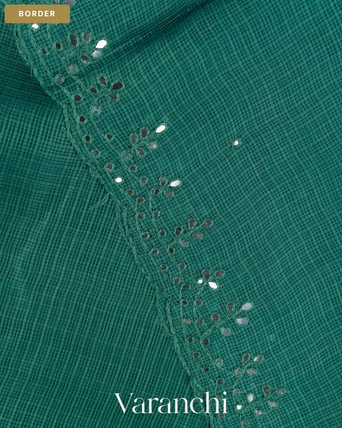 Turquoise Blue Mirror-Embroidered Pure Kota Tussar Silk Handloom Saree — Border