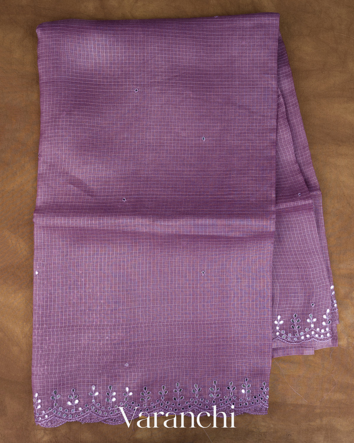 Mauve Mirror-Embroidered Pure Kota Tussar Silk Handloom Saree — Full Saree