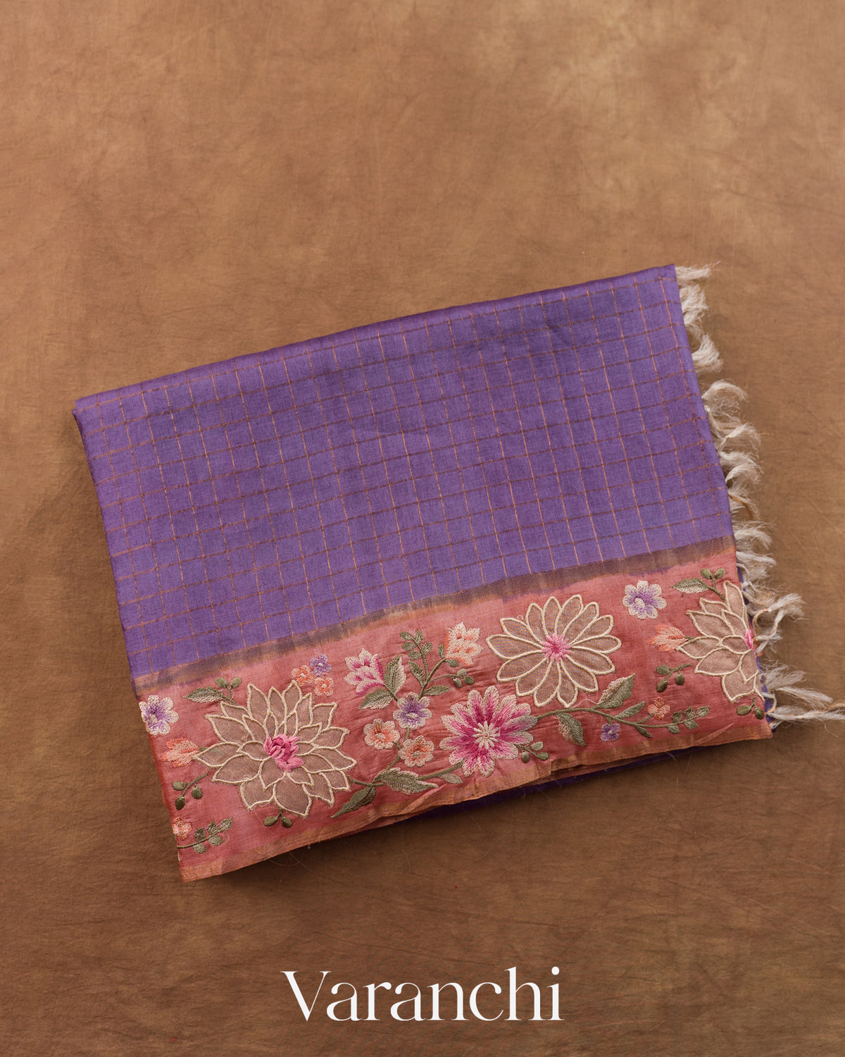 Deep Purple Checkered and Floral Embroidered Border Pure Tussar Silk Handloom Saree — Folded