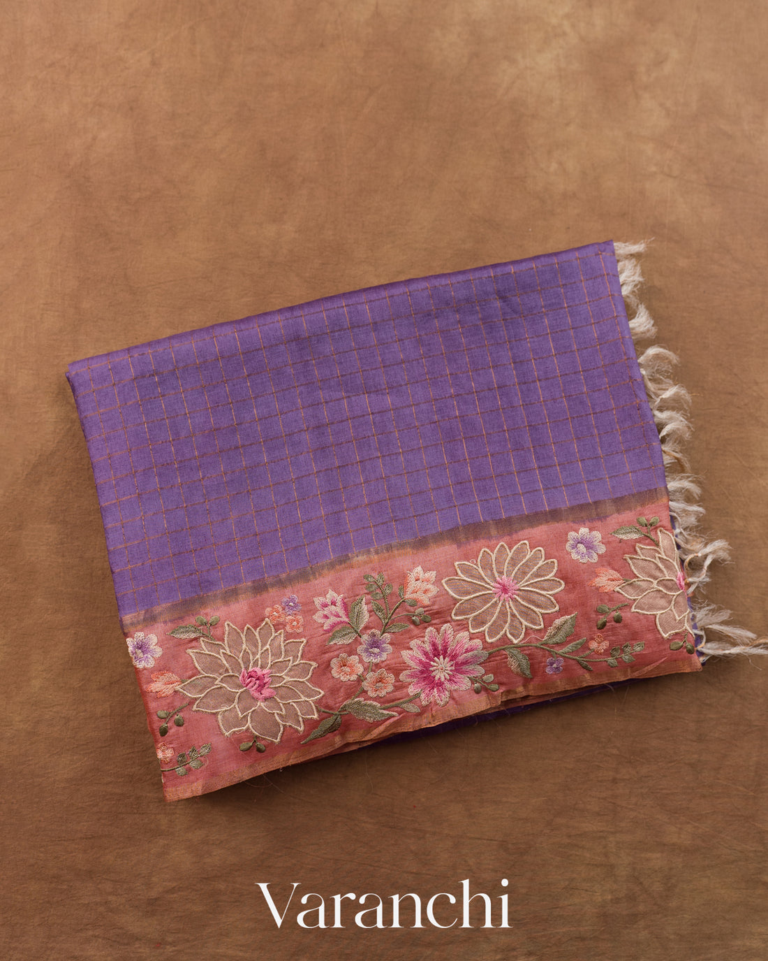 Dusty Purple Floral Applique and Embroidered Pure Tussar Silk Handloom Saree — Folded