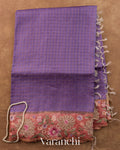 Deep Purple Checkered and Floral Embroidered Border Pure Tussar Silk Handloom Saree — Full Saree