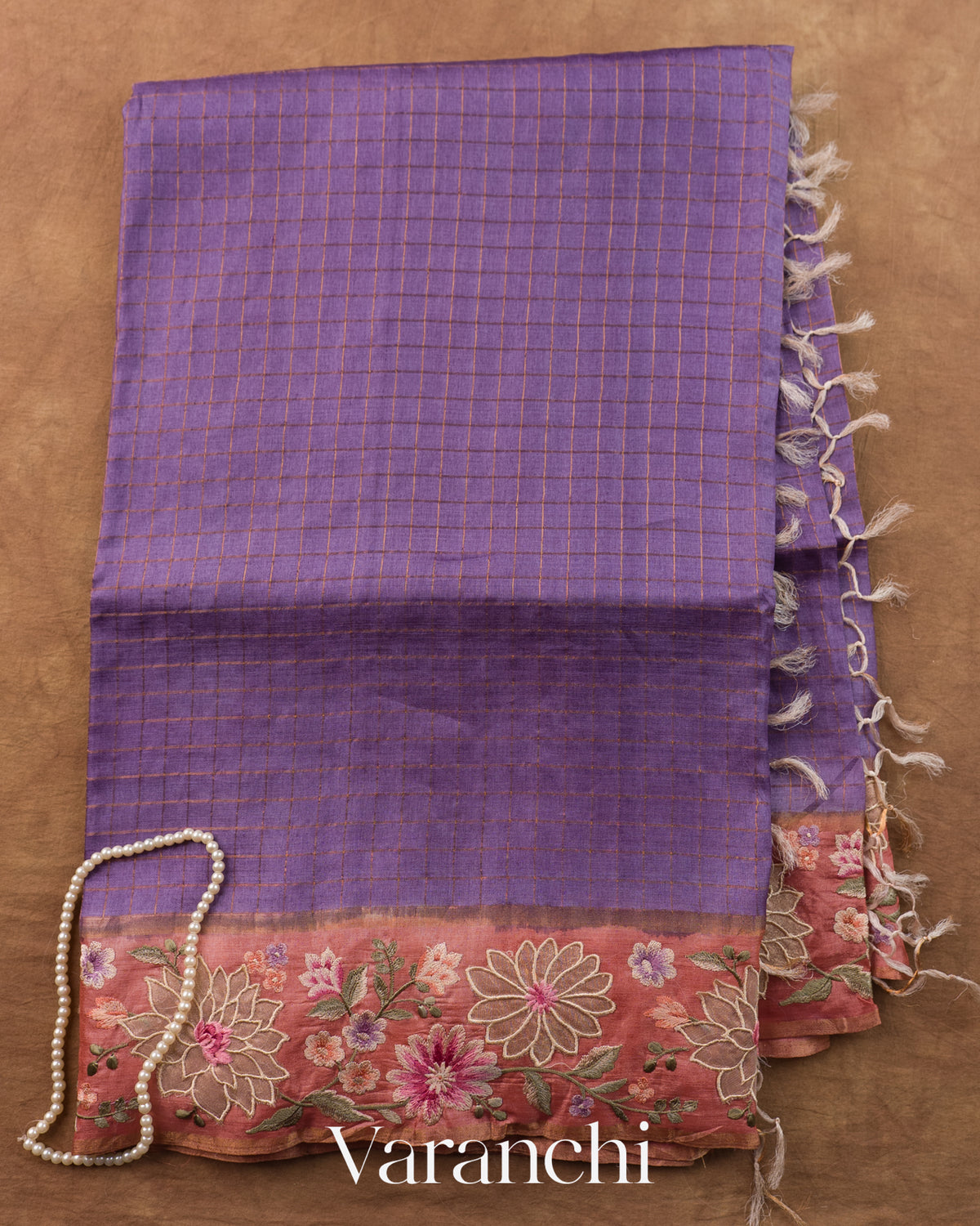 Deep Purple Checkered and Floral Embroidered Border Pure Tussar Silk Handloom Saree — Full Saree