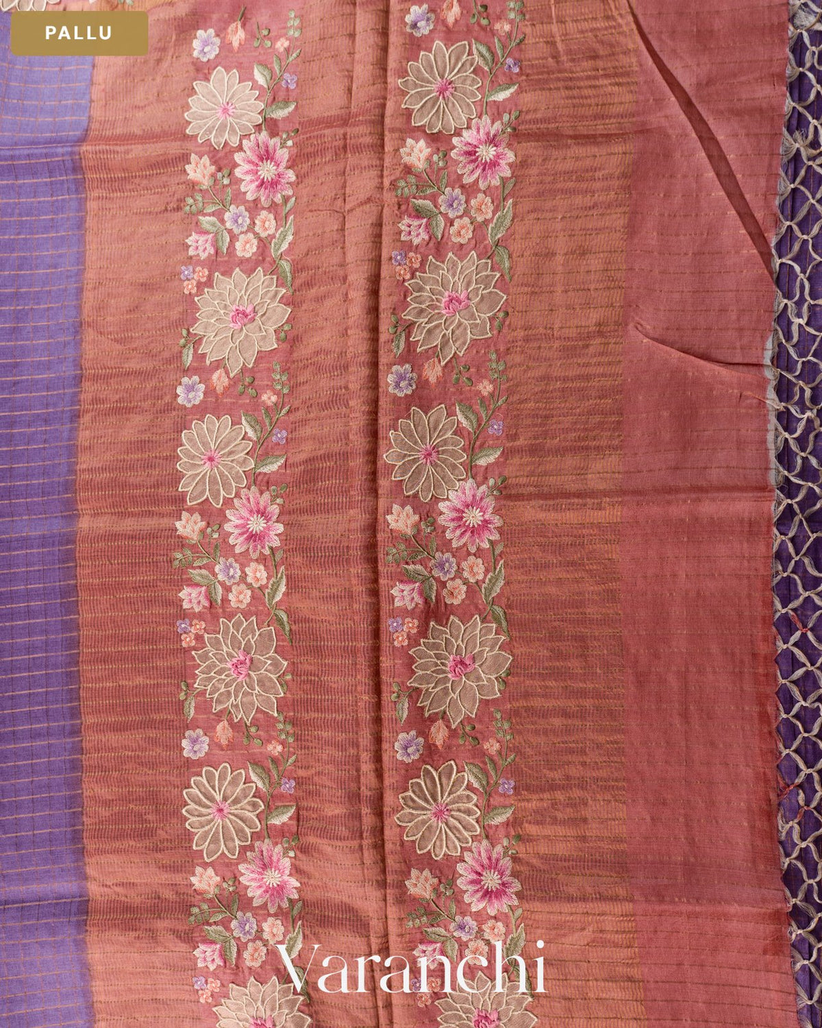 Deep Purple Checkered and Floral Embroidered Border Pure Tussar Silk Handloom Saree — Pallu