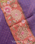 Deep Purple Checkered and Floral Embroidered Border Pure Tussar Silk Handloom Saree — Border