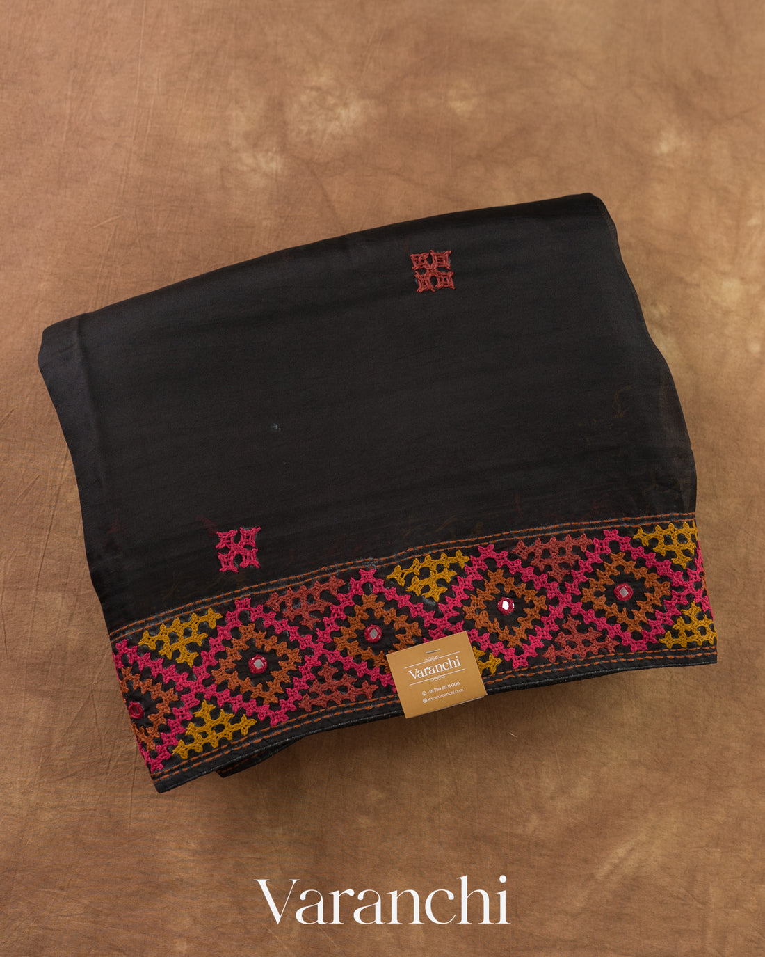 Black Hand Embroidered Kutch Work Pure Kora Silk Saree — Folded