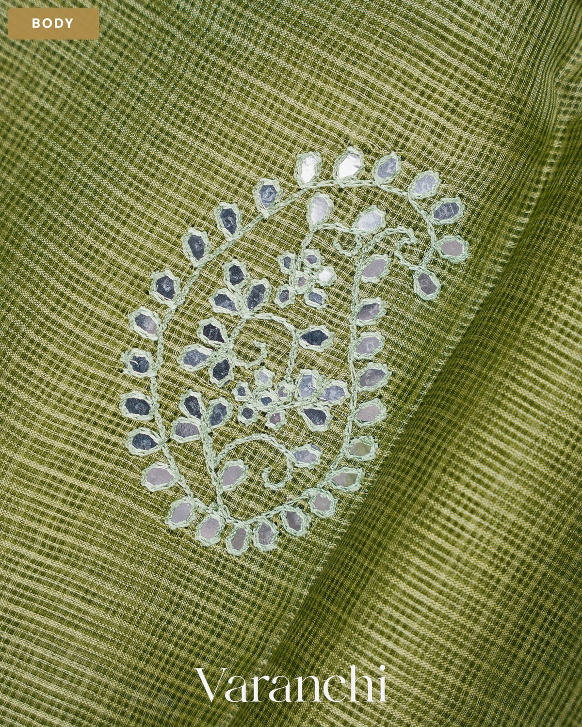 Rust Green Mirror-Embroidered Pure Kota Tussar Silk Handloom Saree — Body