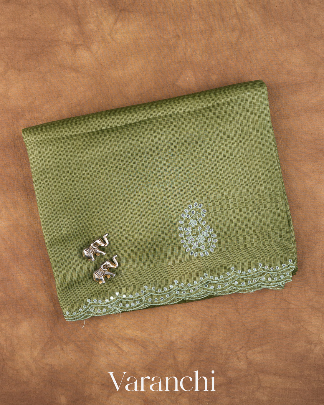 Rust Green Mirror-Embroidered Pure Kota Tussar Silk Handloom Saree — Folded