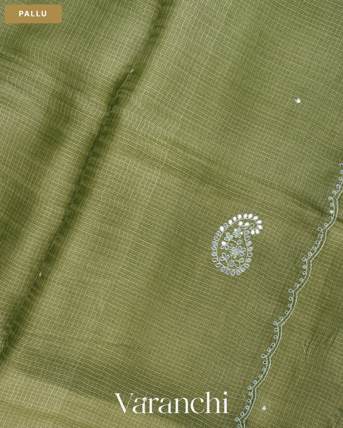 Rust Green Mirror-Embroidered Pure Kota Tussar Silk Handloom Saree — Pallu