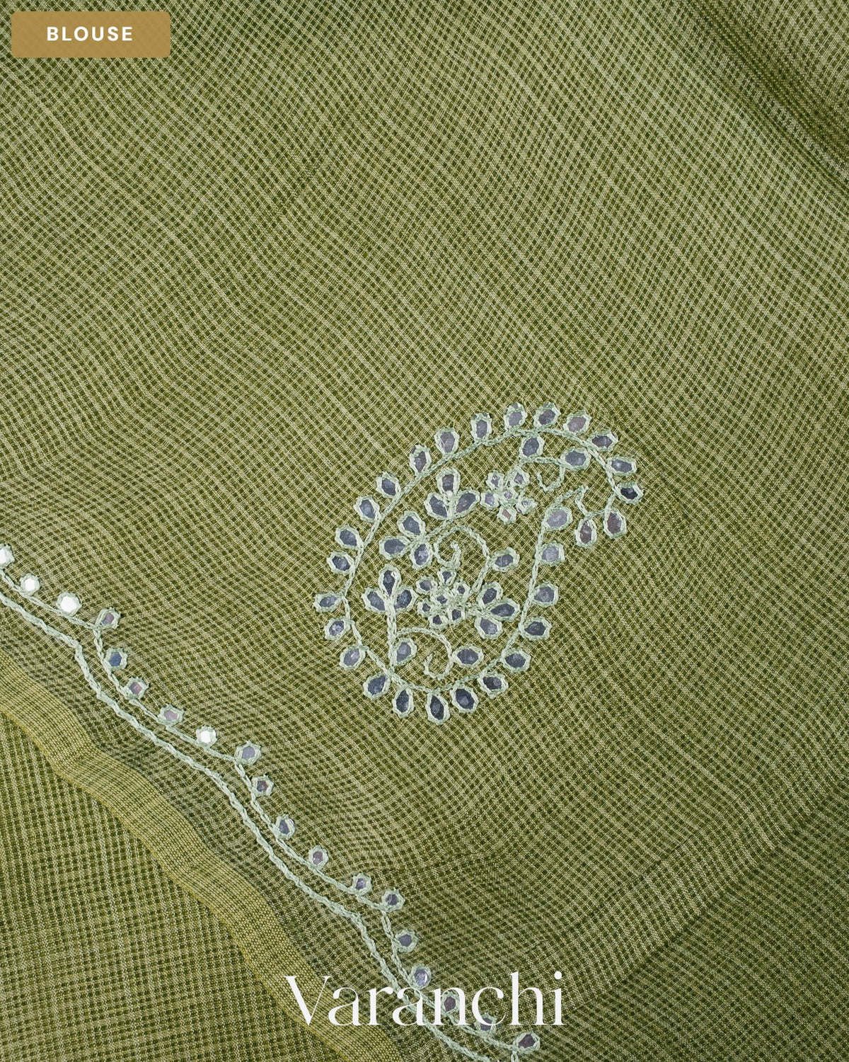 Rust Green Mirror-Embroidered Pure Kota Tussar Silk Handloom Saree — Blouse