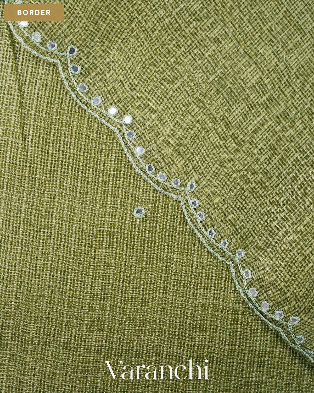 Rust Green Mirror-Embroidered Pure Kota Tussar Silk Handloom Saree — Border