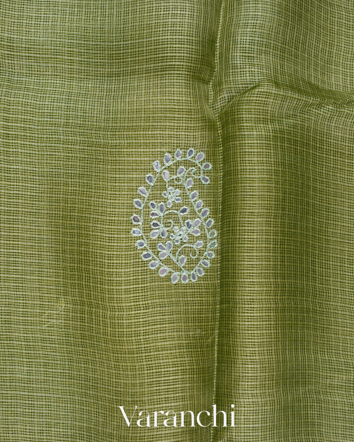 Rust Green Mirror-Embroidered Pure Kota Tussar Silk Handloom Saree