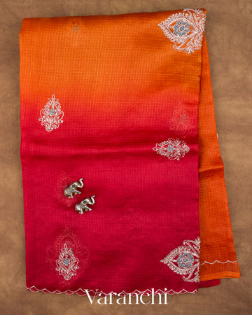 Tulip Red Ombre Floral Jaal Aari Work Pure Kota Tussar Silk Handloom Saree — Full Saree