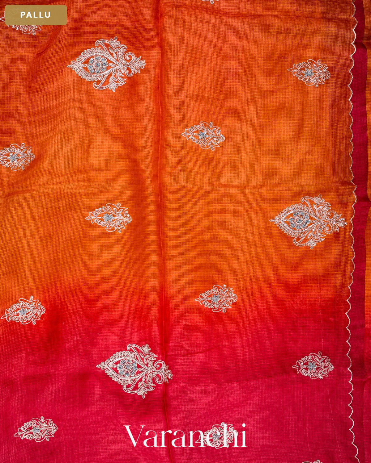 Tulip Red Ombre Floral Jaal Aari Work Pure Kota Tussar Silk Handloom Saree — Pallu