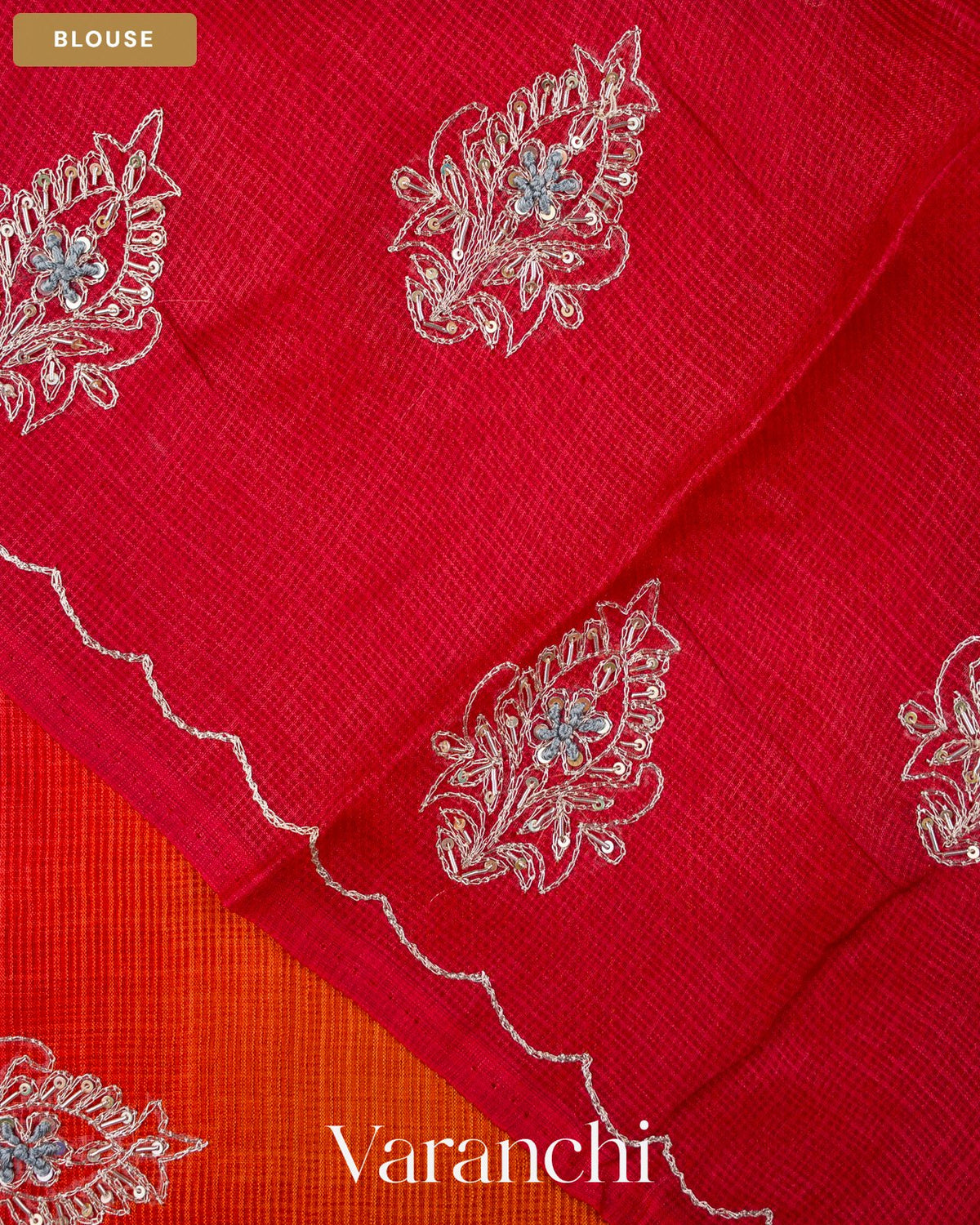 Tulip Red Ombre Floral Jaal Aari Work Pure Kota Tussar Silk Handloom Saree — Blouse