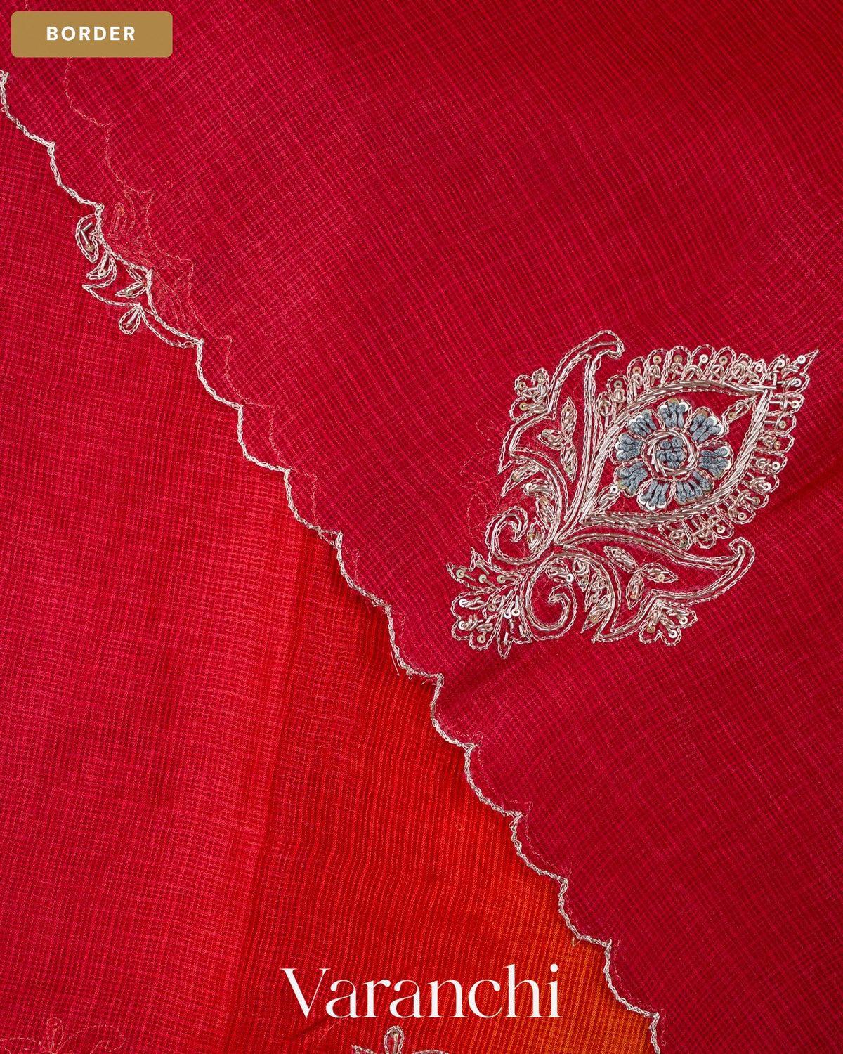Tulip Red Ombre Floral Jaal Aari Work Pure Kota Tussar Silk Handloom Saree — Border