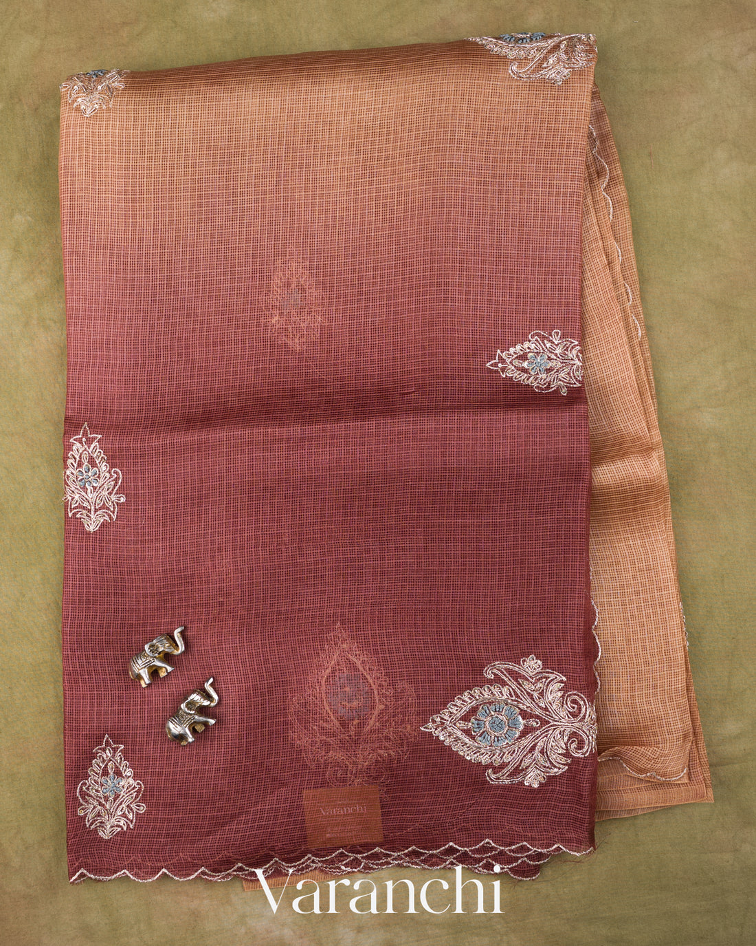 Deep Wine Ombre Floral Jaal Aari Work Pure Kota Tussar Silk Handloom Saree — Full Saree