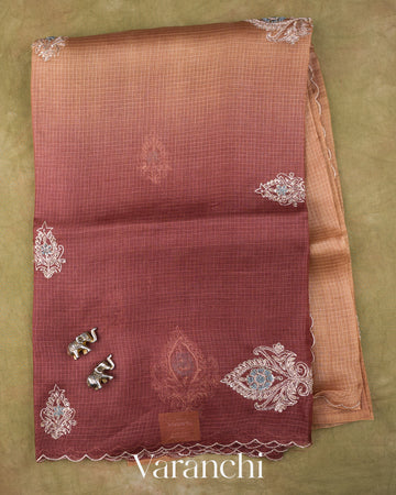 Deep Wine Ombre Floral Jaal Aari Work Pure Kota Tussar Silk Handloom Saree — Full Saree