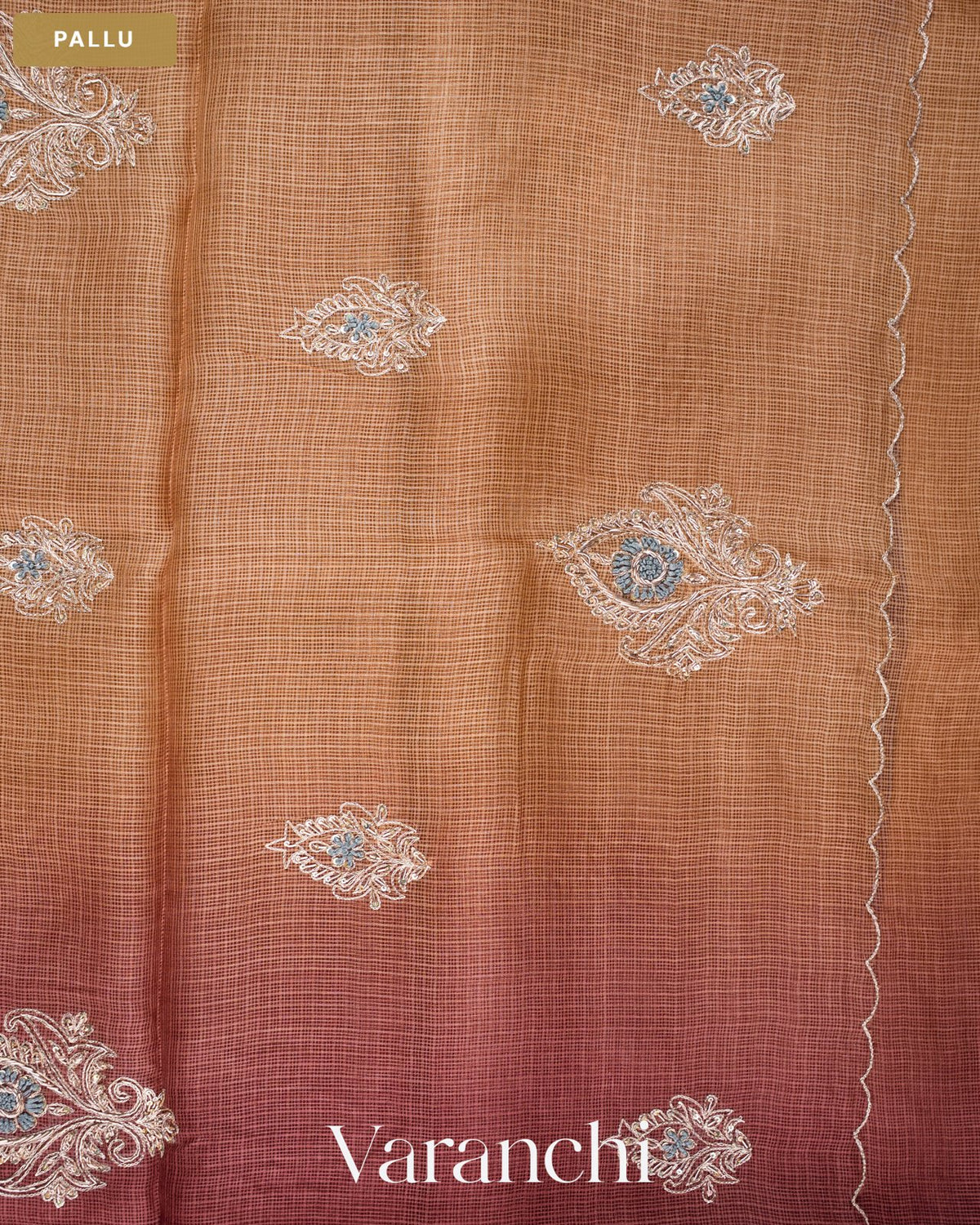 Deep Wine Ombre Floral Jaal Aari Work Pure Kota Tussar Silk Handloom Saree — Pallu
