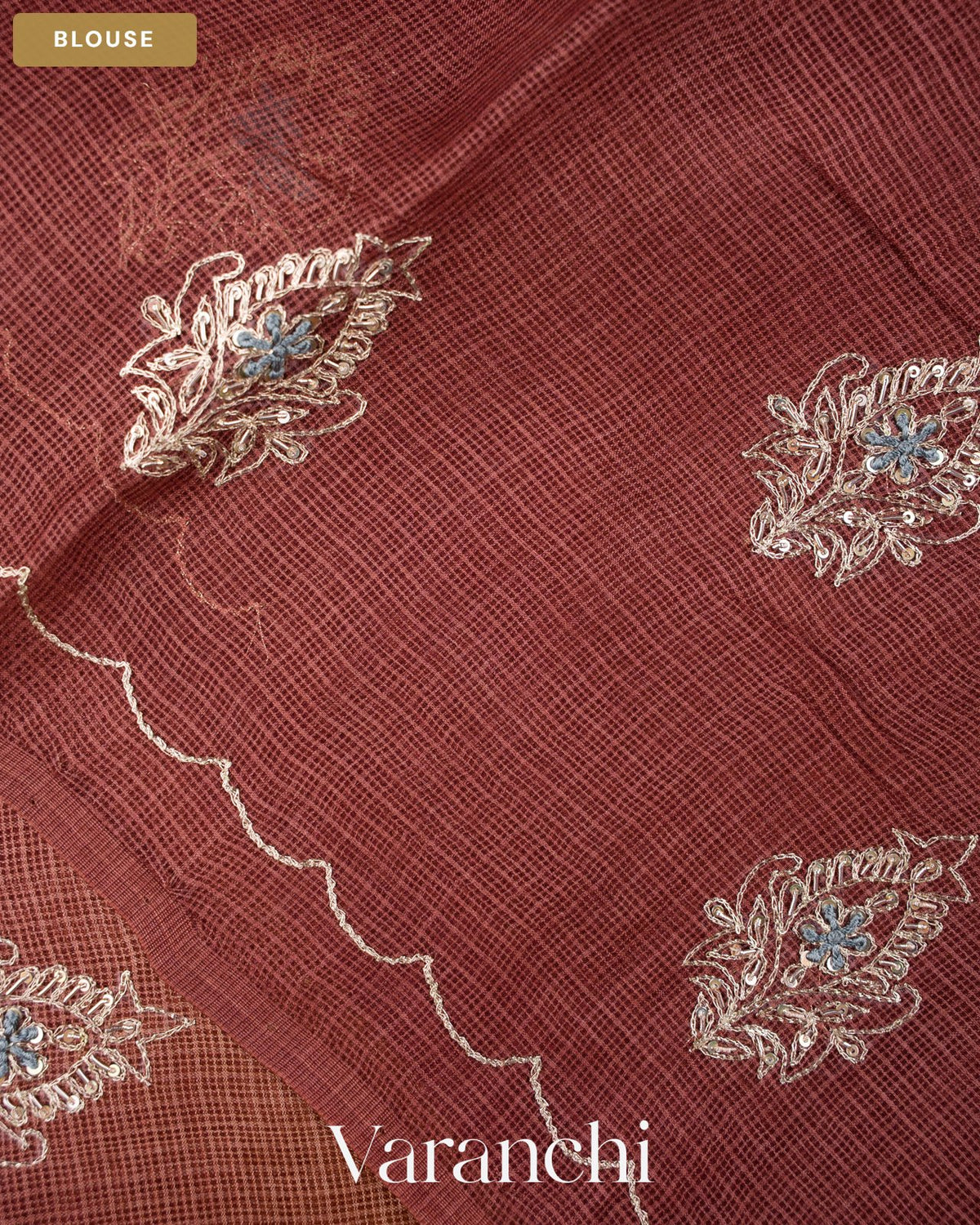 Deep Wine Ombre Floral Jaal Aari Work Pure Kota Tussar Silk Handloom Saree — Blouse