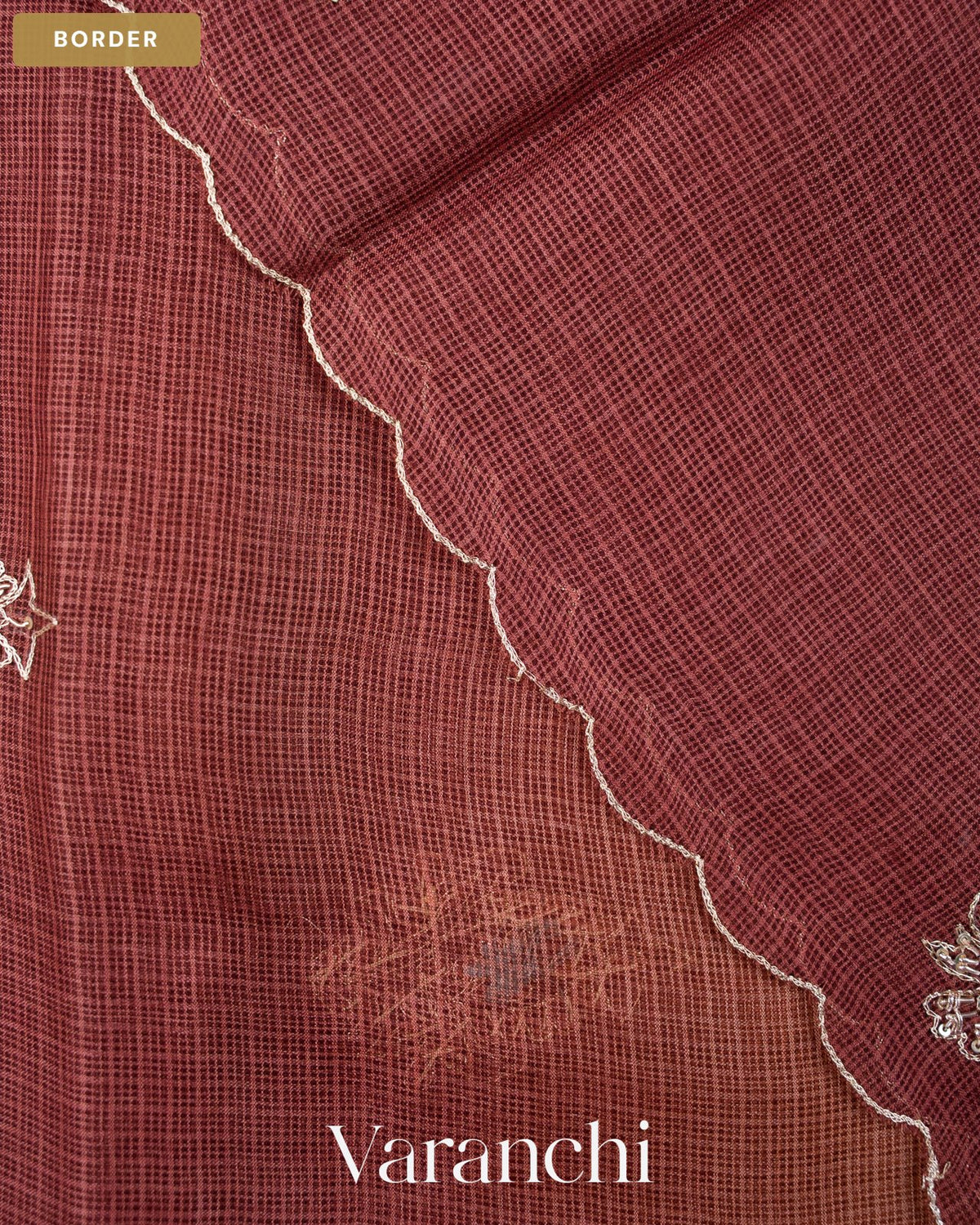 Deep Wine Ombre Floral Jaal Aari Work Pure Kota Tussar Silk Handloom Saree — Border