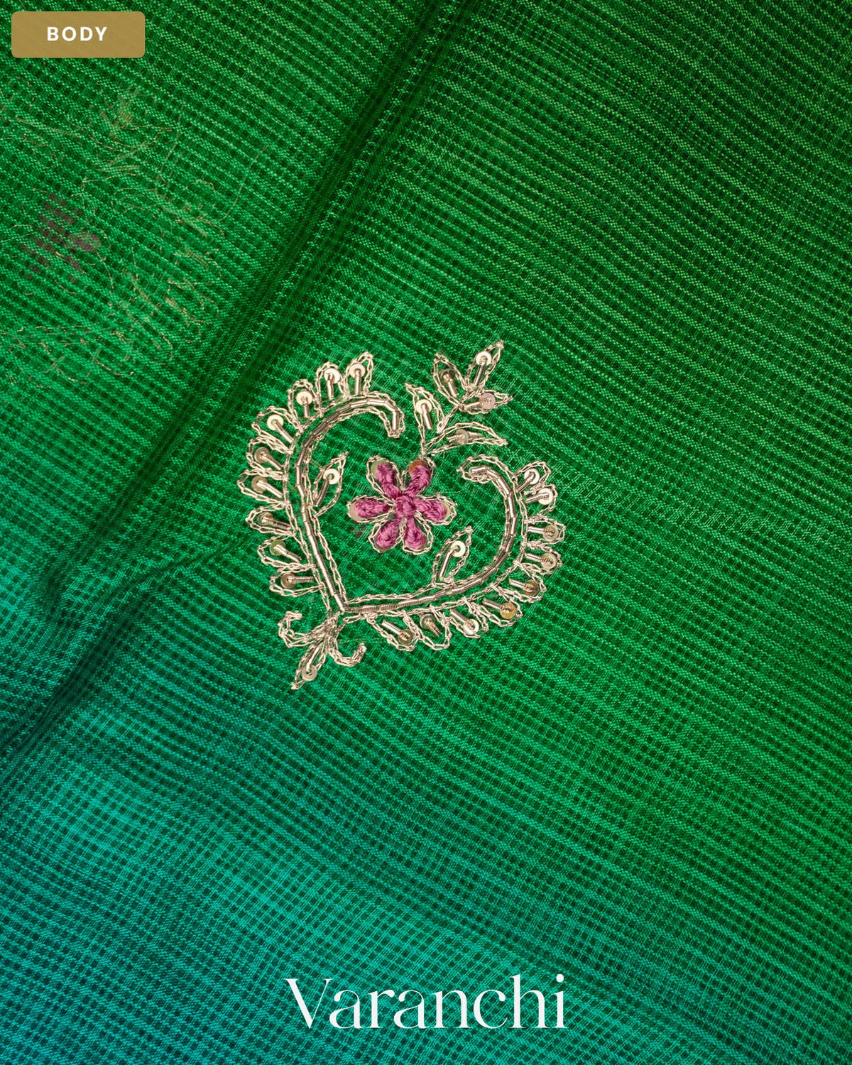 Green Ombre Floral Jaal Aari Work Pure Kota Tussar Silk Handloom Saree — Body