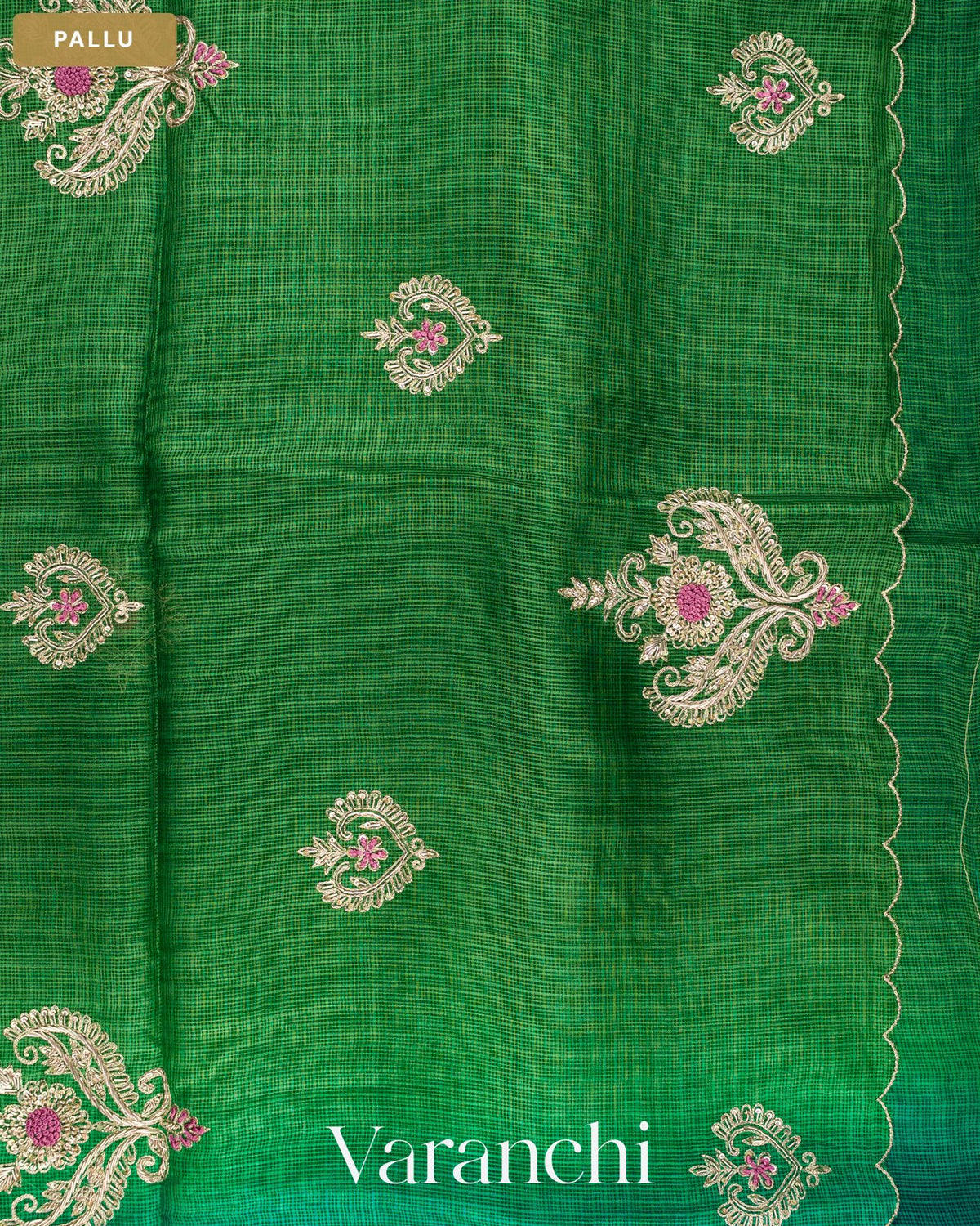 Green Ombre Floral Jaal Aari Work Pure Kota Tussar Silk Handloom Saree — Pallu