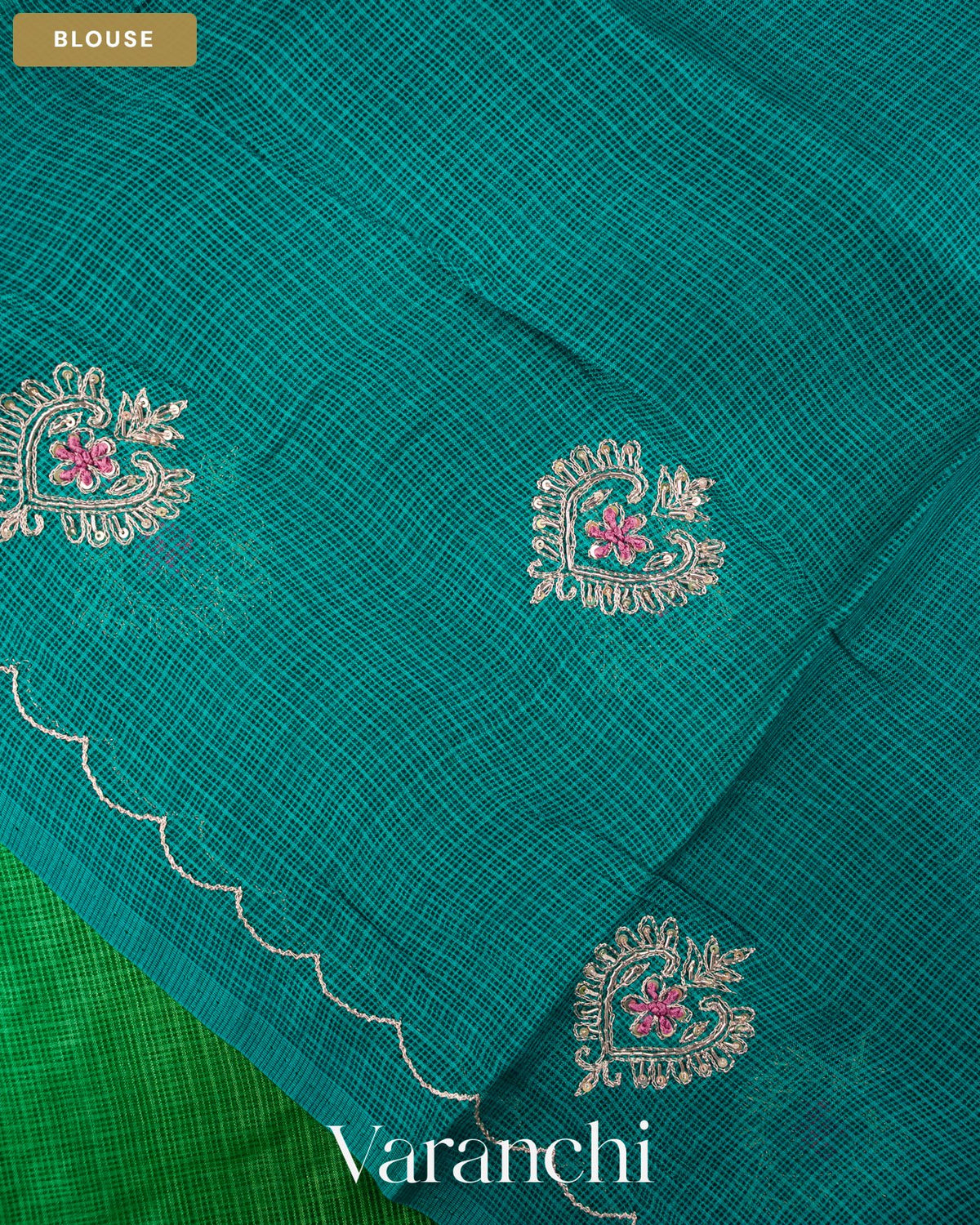 Green Ombre Floral Jaal Aari Work Pure Kota Tussar Silk Handloom Saree — Blouse