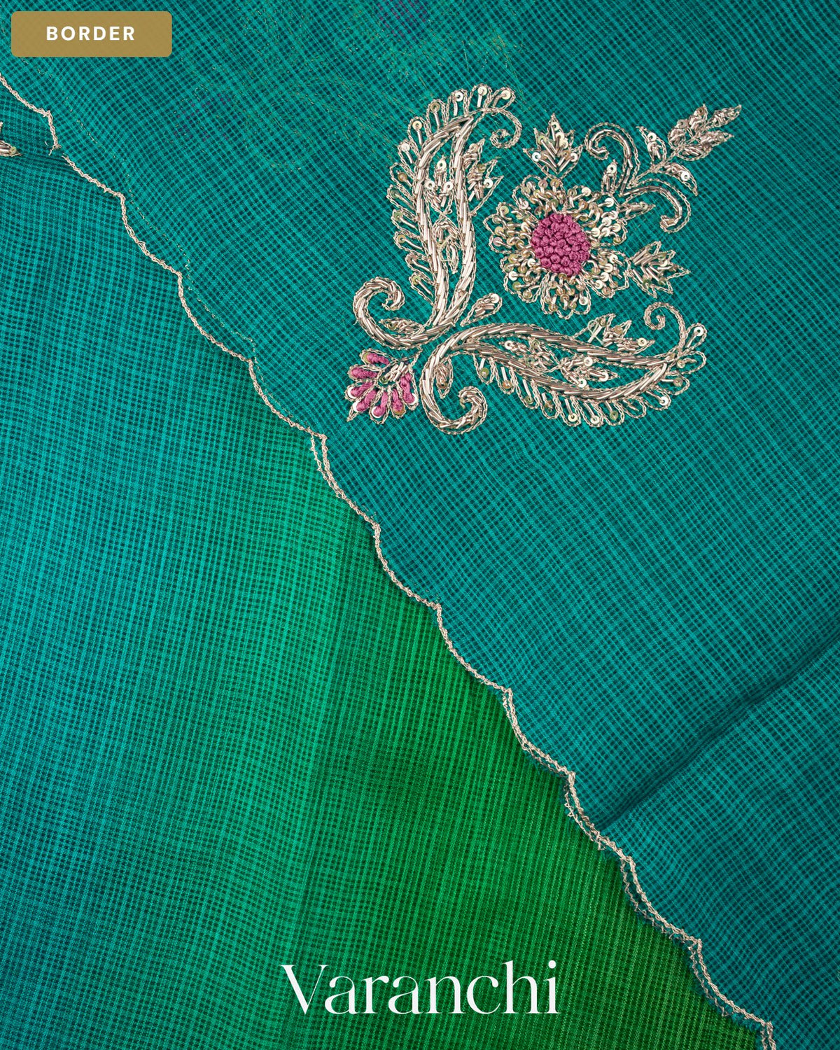 Green Ombre Floral Jaal Aari Work Pure Kota Tussar Silk Handloom Saree — Border