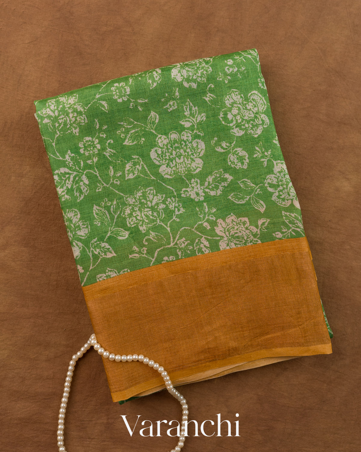 Green Floral Printed Pure Tussar Silk Saree — Folded