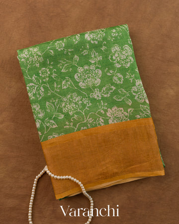 Green Floral Printed Pure Tussar Silk Saree — Folded
