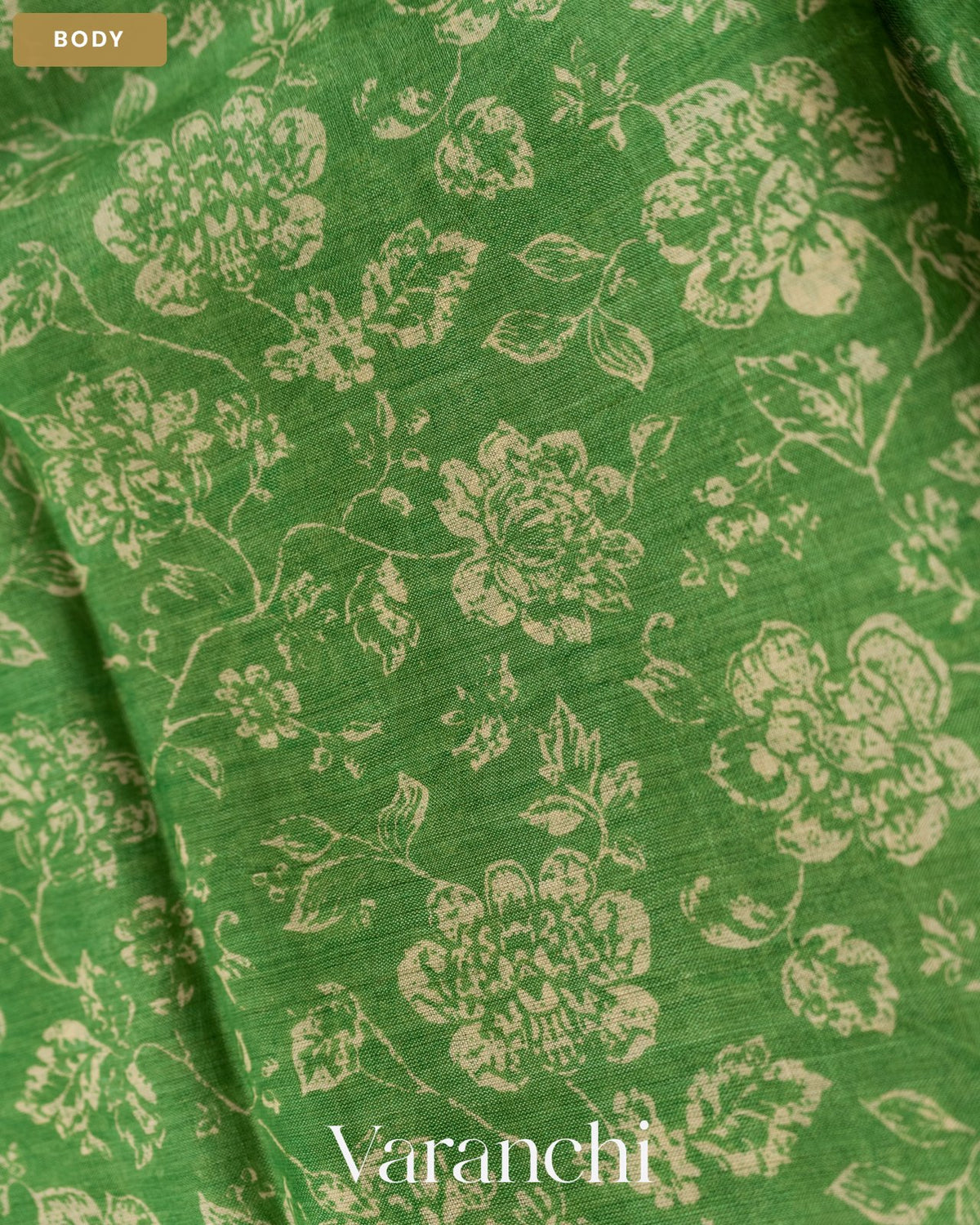 Green Floral Printed Pure Tussar Silk Saree — Body