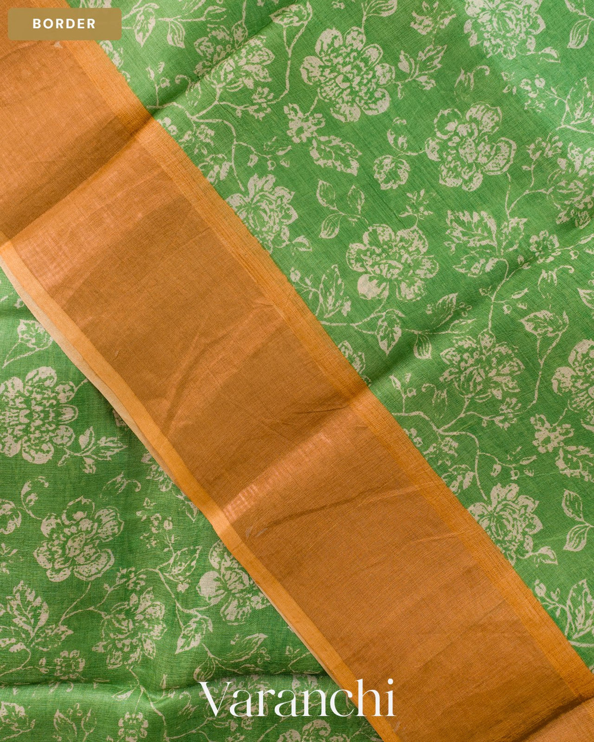 Green Floral Printed Pure Tussar Silk Saree — Border