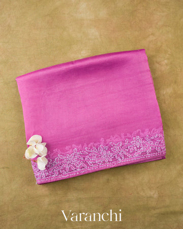 Orchid Purple Floral Embroidered Pure Kora Silk Saree — Folded