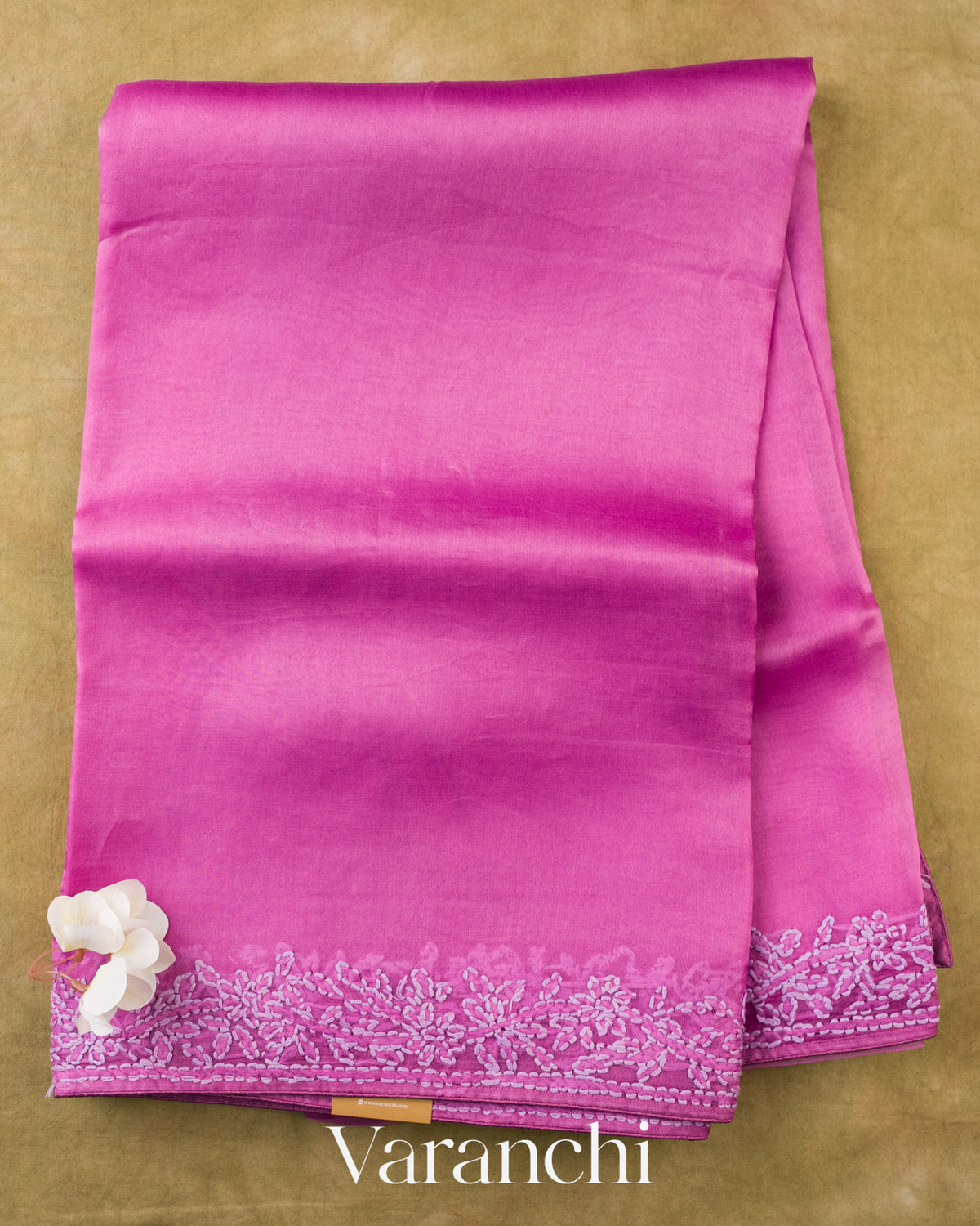 Orchid Purple Floral Embroidered Pure Kora Silk Saree — Full Saree