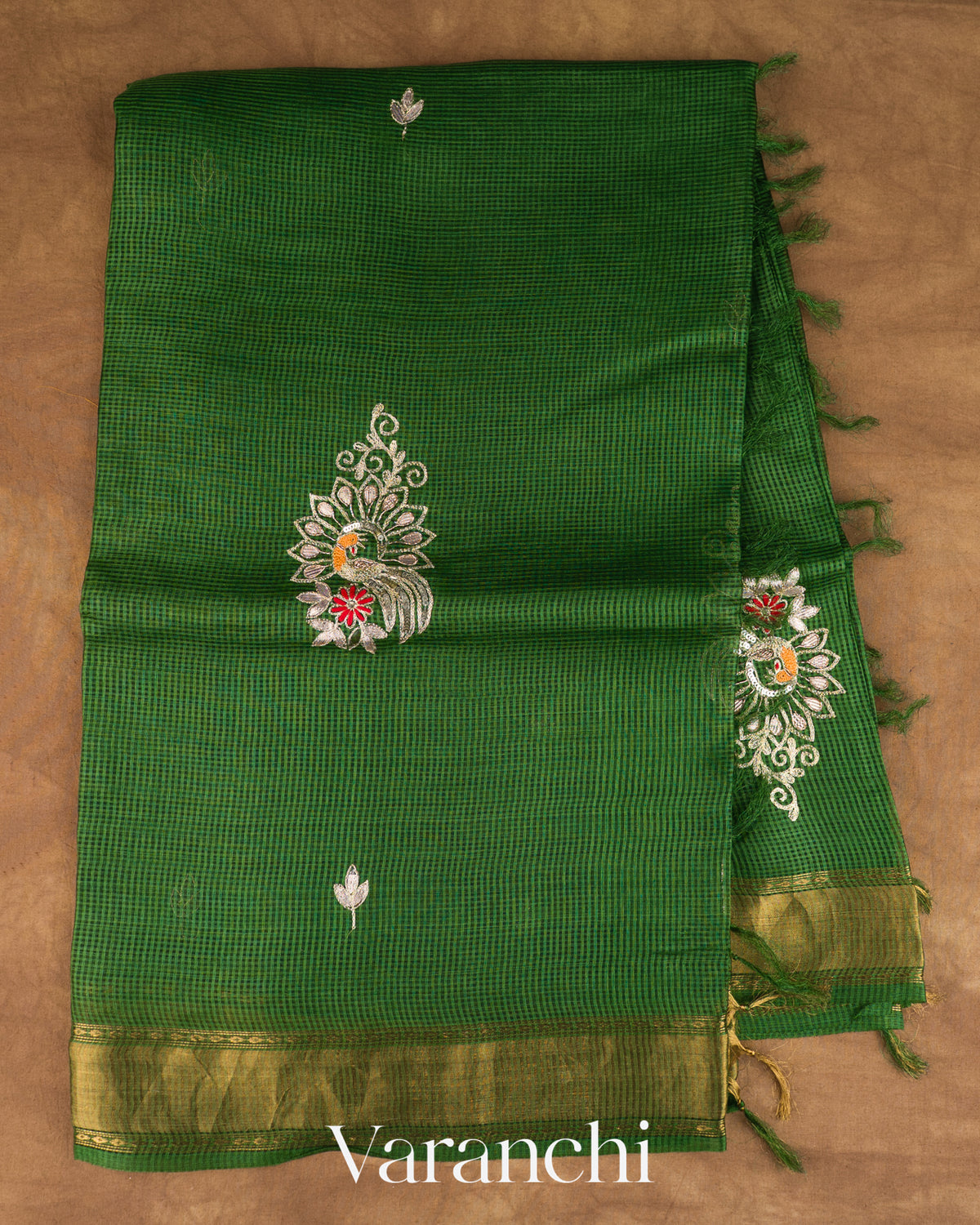 Bottle Green Checkered Pure Kota Tussar Silk Handloom Saree — Full Saree