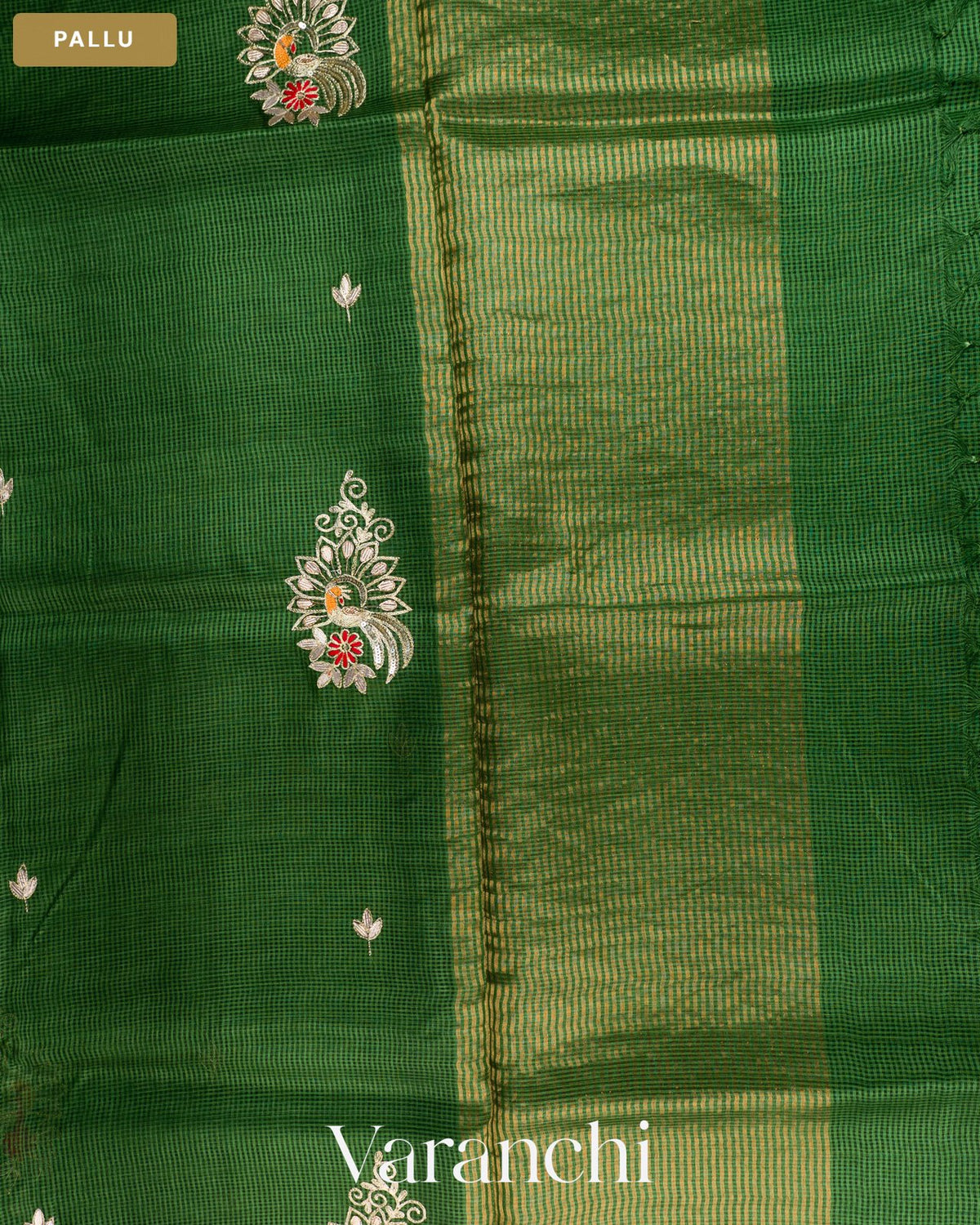Bottle Green Checkered Pure Kota Tussar Silk Handloom Saree — Pallu