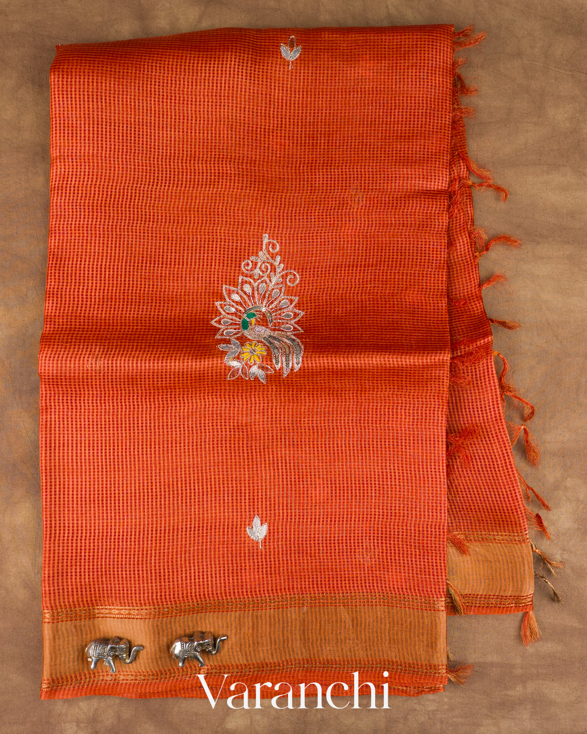 Rust Orange Checkered Pure Kota Tussar Silk Handloom Saree — Full Saree