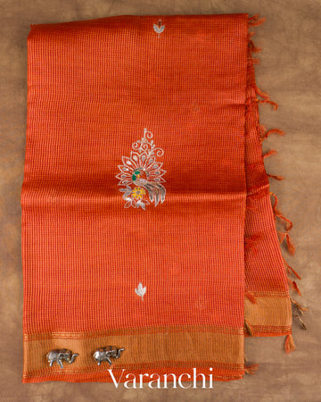 Rust Orange Checkered Pure Kota Tussar Silk Handloom Saree — Full Saree