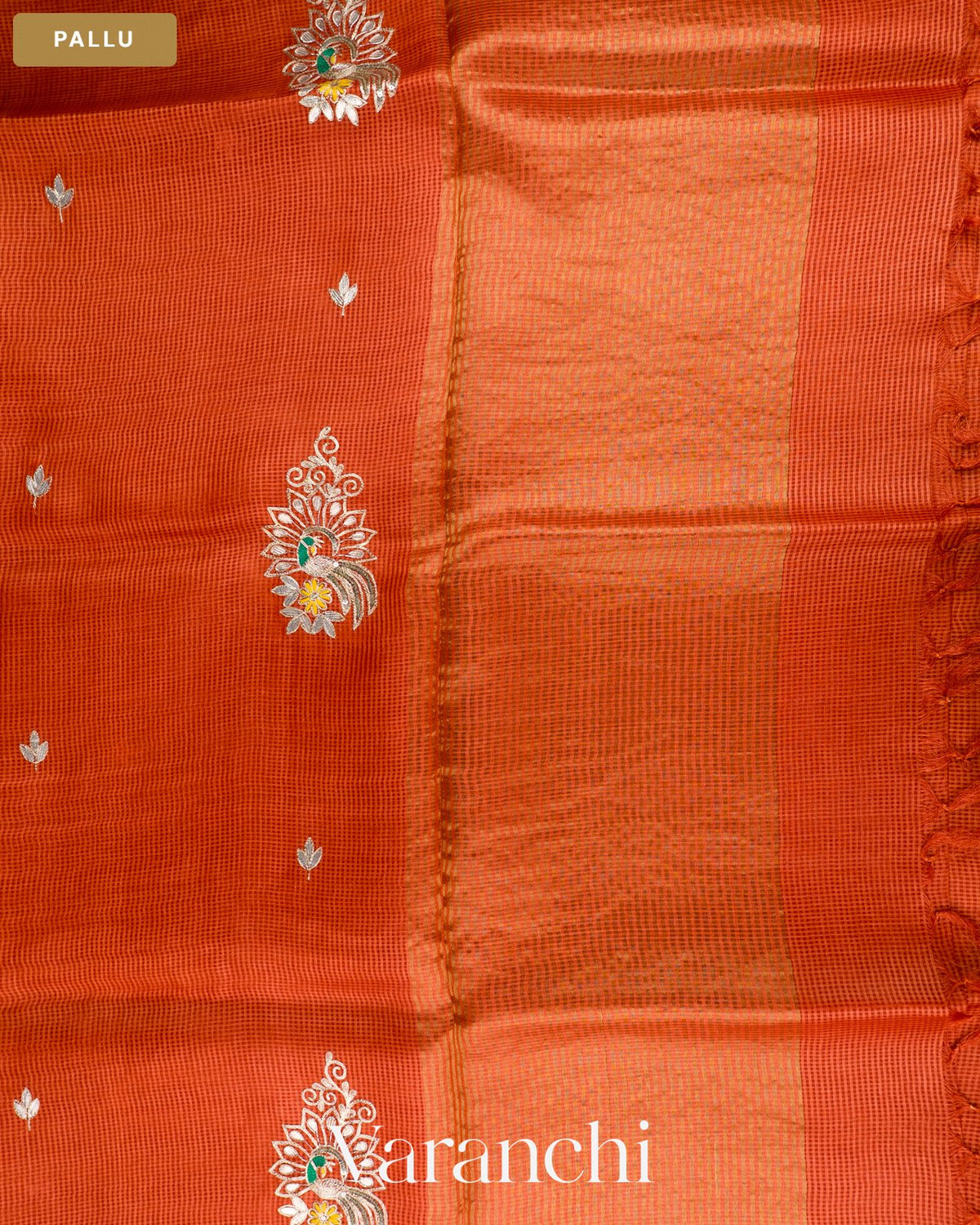 Rust Orange Checkered Pure Kota Tussar Silk Handloom Saree — Pallu