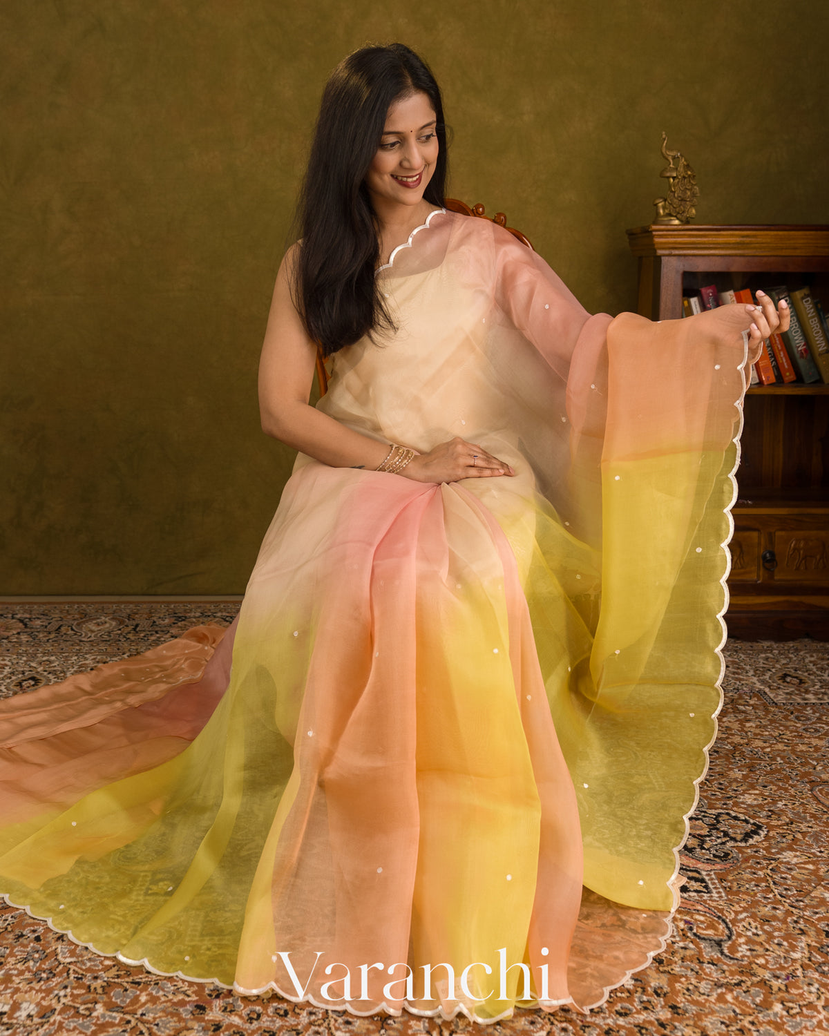 Mustard Yellow Ombre-dyed Pure Kora Silk Saree — Draped