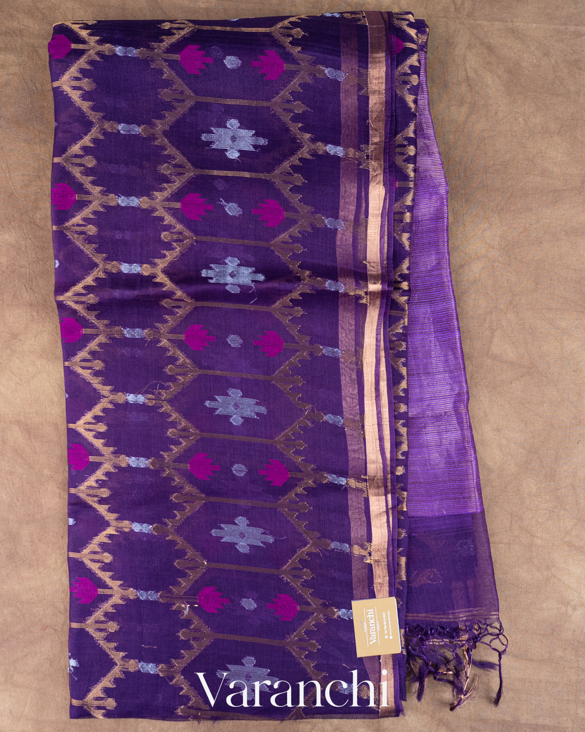 Deep Purple Jamdani Pure Muslin Silk Handloom Saree — Full Saree