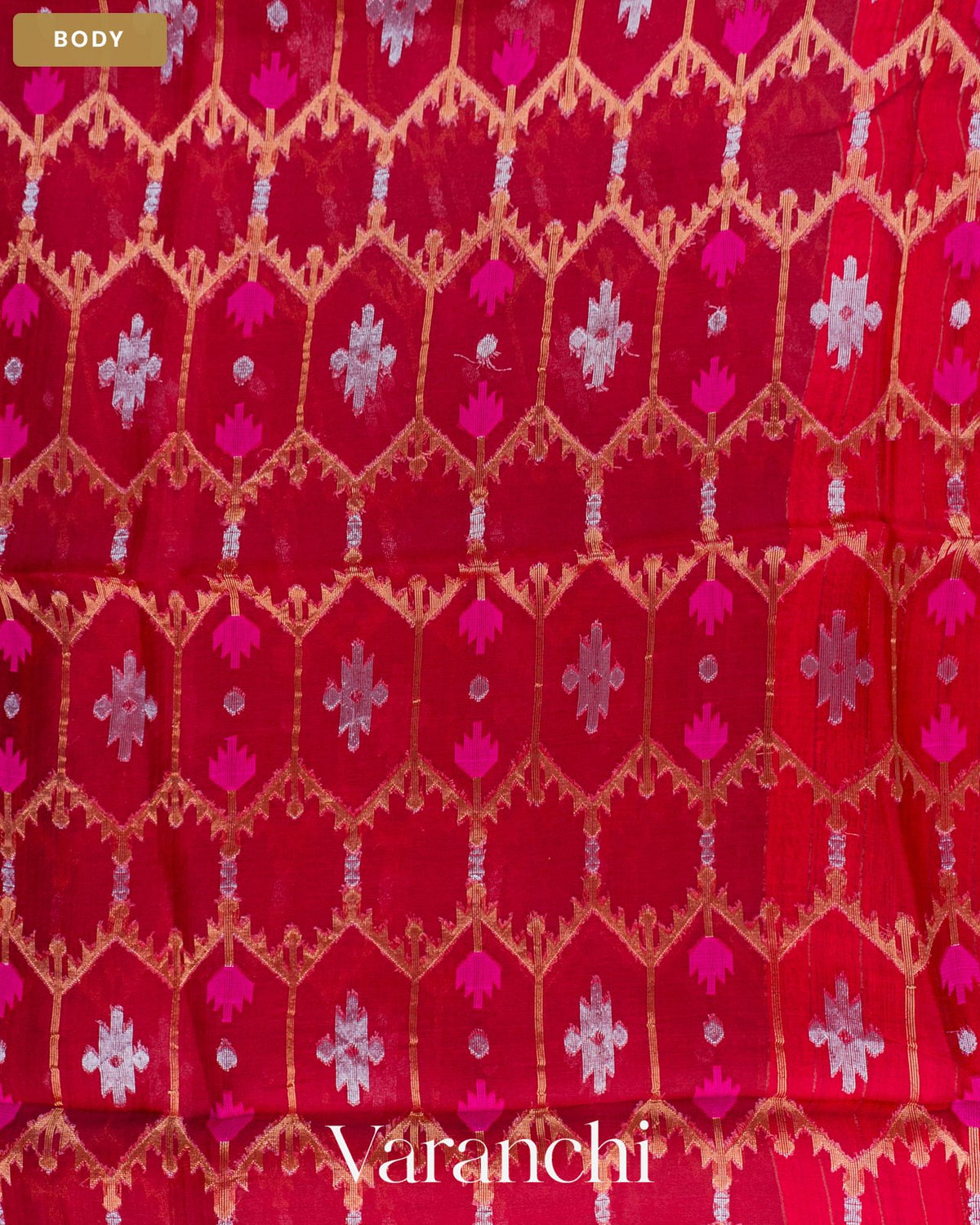 Cherry Red Jamdani Pure Muslin Silk Handloom Saree — Body