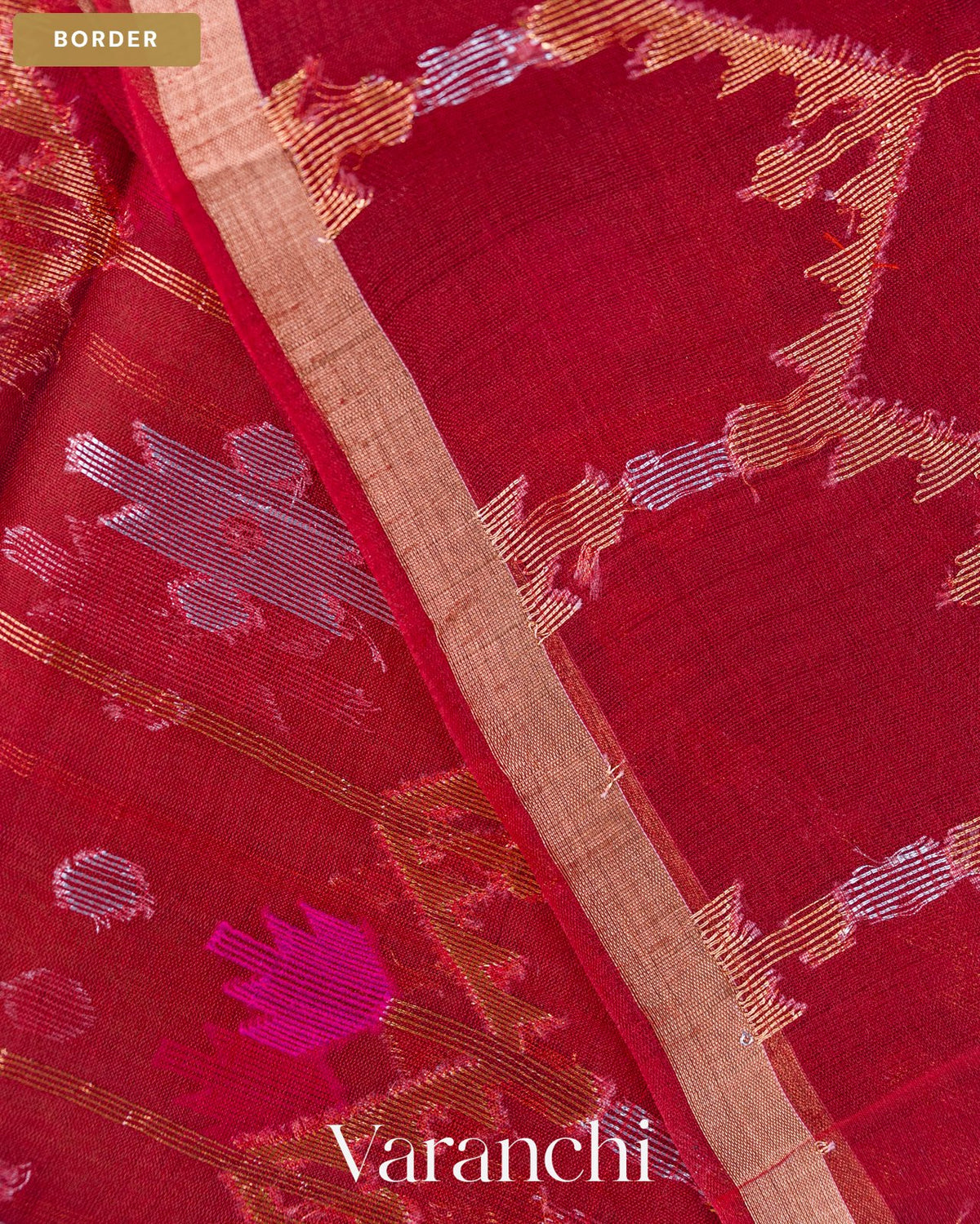 Cherry Red Jamdani Pure Muslin Silk Handloom Saree — Border