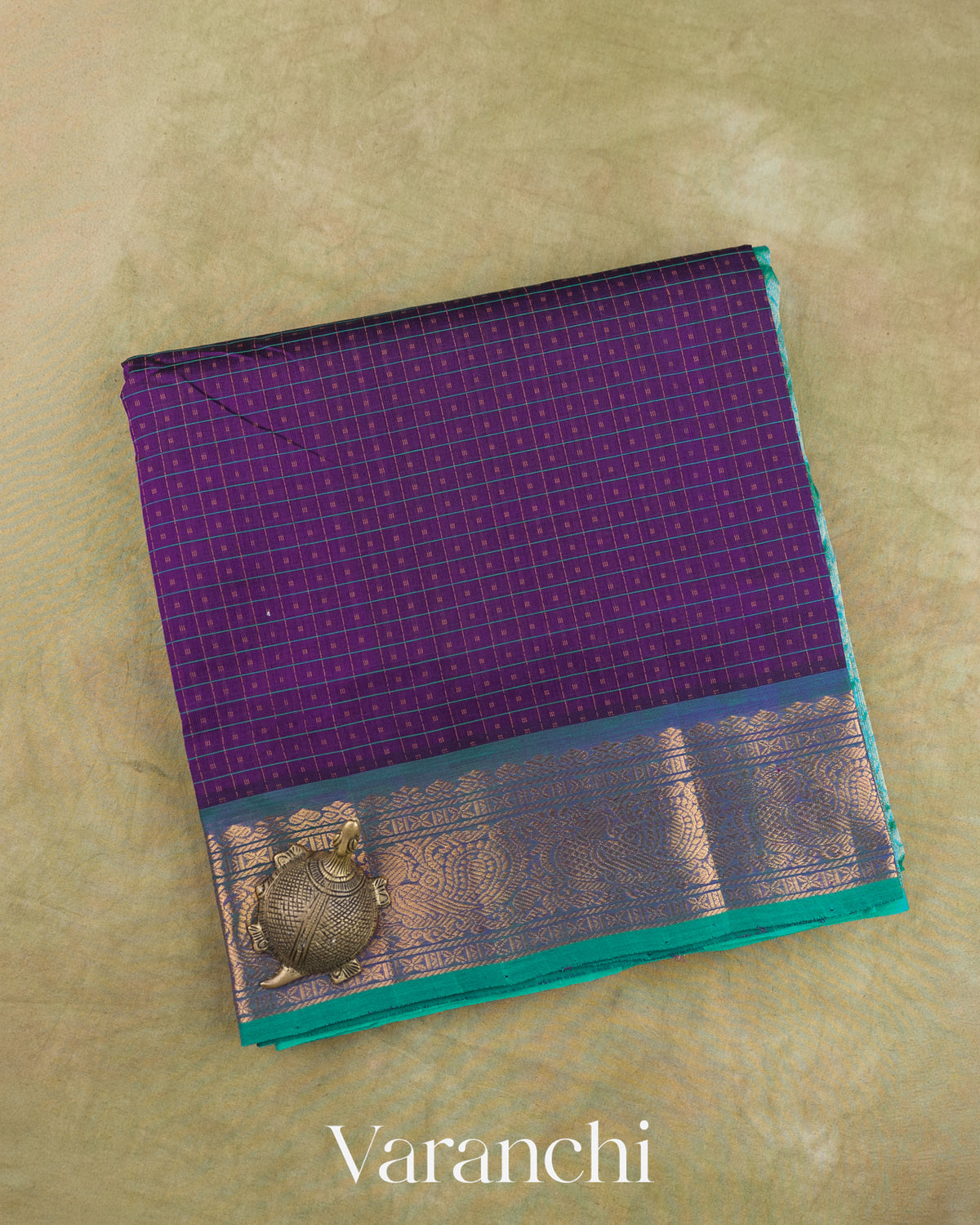 Deep Purple Lakshadeepam Pure Kanchipuram Silk Cotton Handloom Saree — Folded