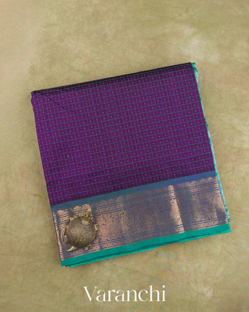 Deep Purple Lakshadeepam Pure Kanchipuram Silk Cotton Handloom Saree — Folded